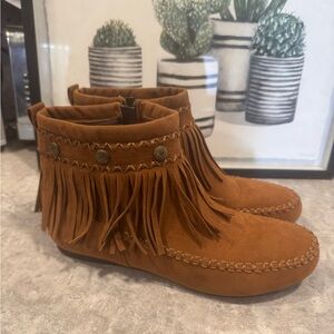Hot Cakes Fringed Knee High Moccasins, Side Zipper, Boho Western Vegan Size 9M